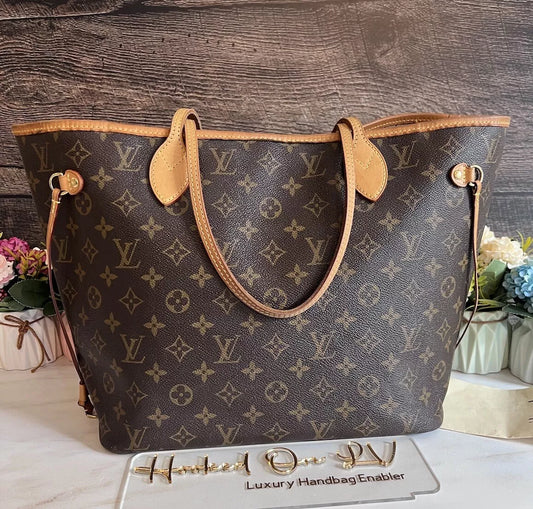 Authentic Louis Vuitton Neverfull MM Monogram Tote Shoulder Bag Purse & Receipt