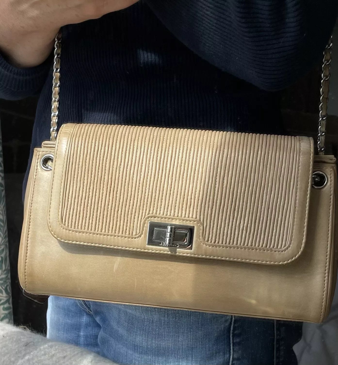 Reduced! Chanel Vintage Beige / Tan / Nude Lambskin Leather Shoulder Bag.