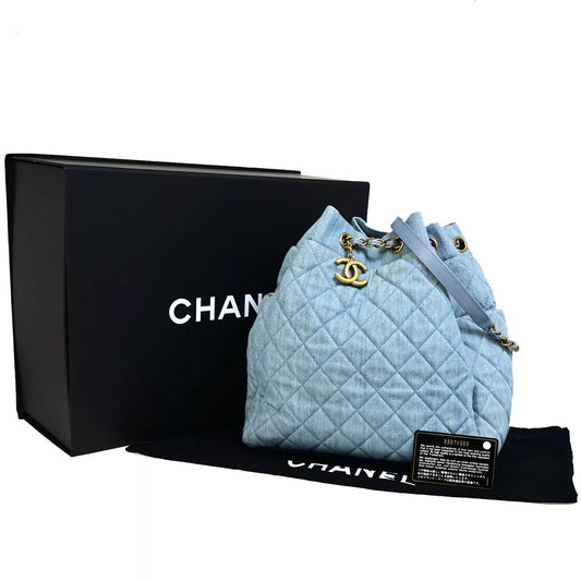 CHANEL CC Logo Matelasse Chain Shoulder Bag Denim Leather Blue Gold 382RJ864