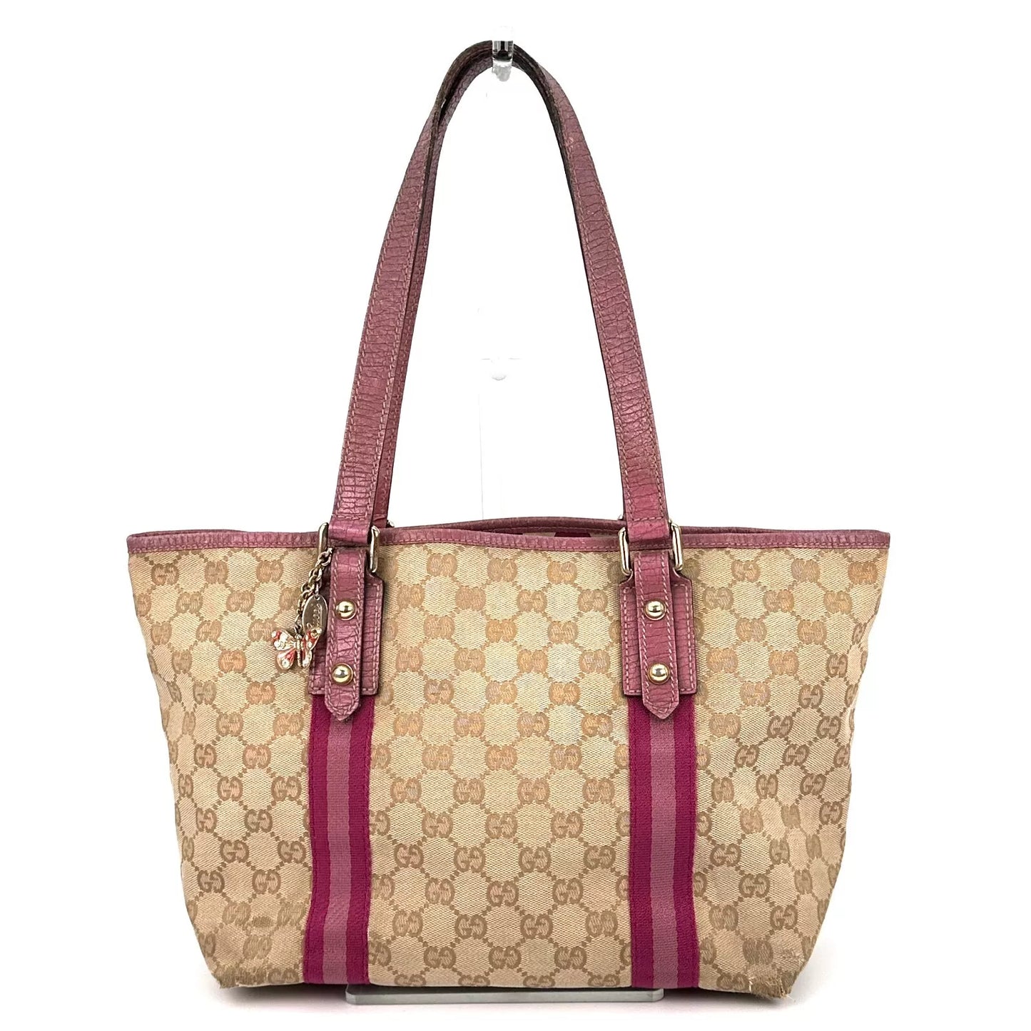 GUCCI Pink Sherry Line Tote Bag GG Canvas Leather Handbag Shoulder Authentic