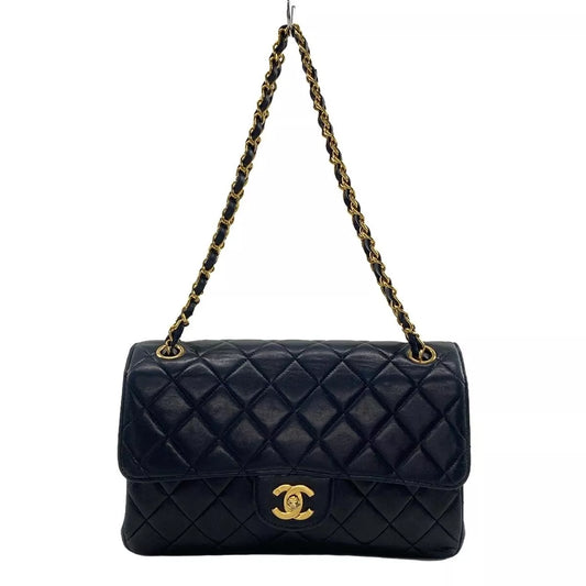 Auth CHANEL Double Face / Matelasse - Black Lambskin Shoulder Bag Gold hardware