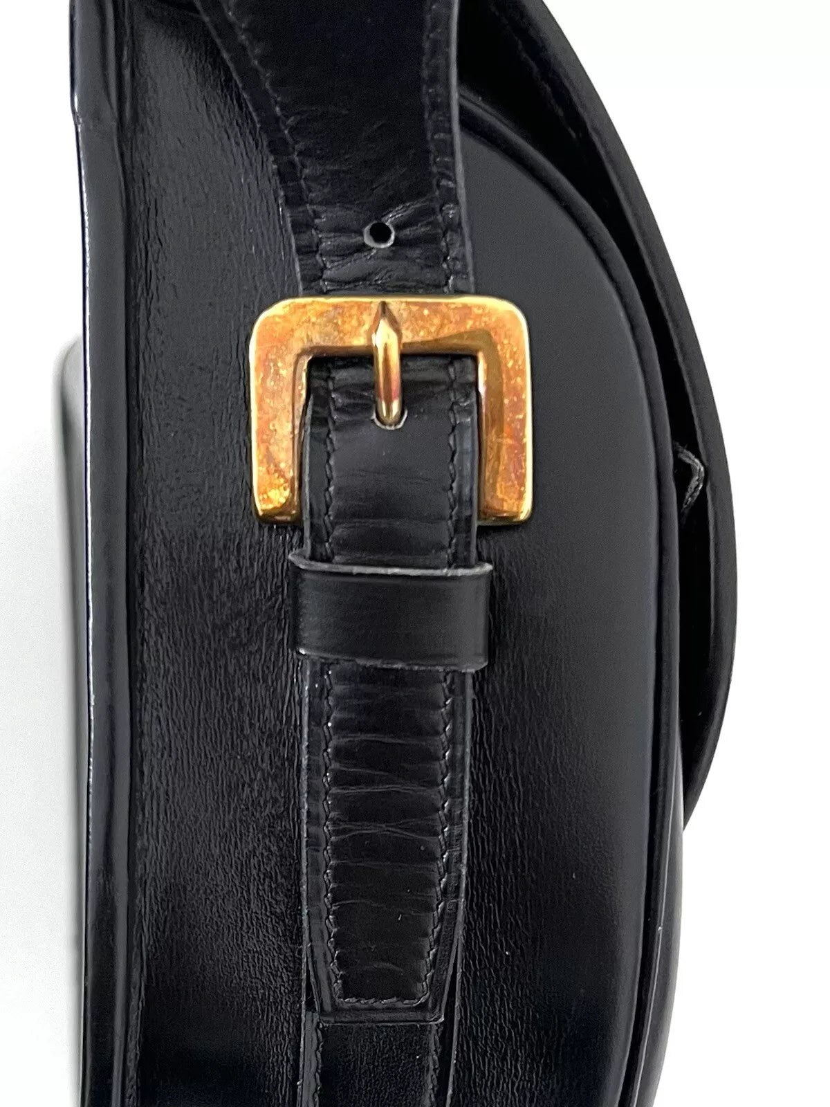 Hermes Vintage Black Leather Gold Hardware Shoulder Crossbody Flap Bag