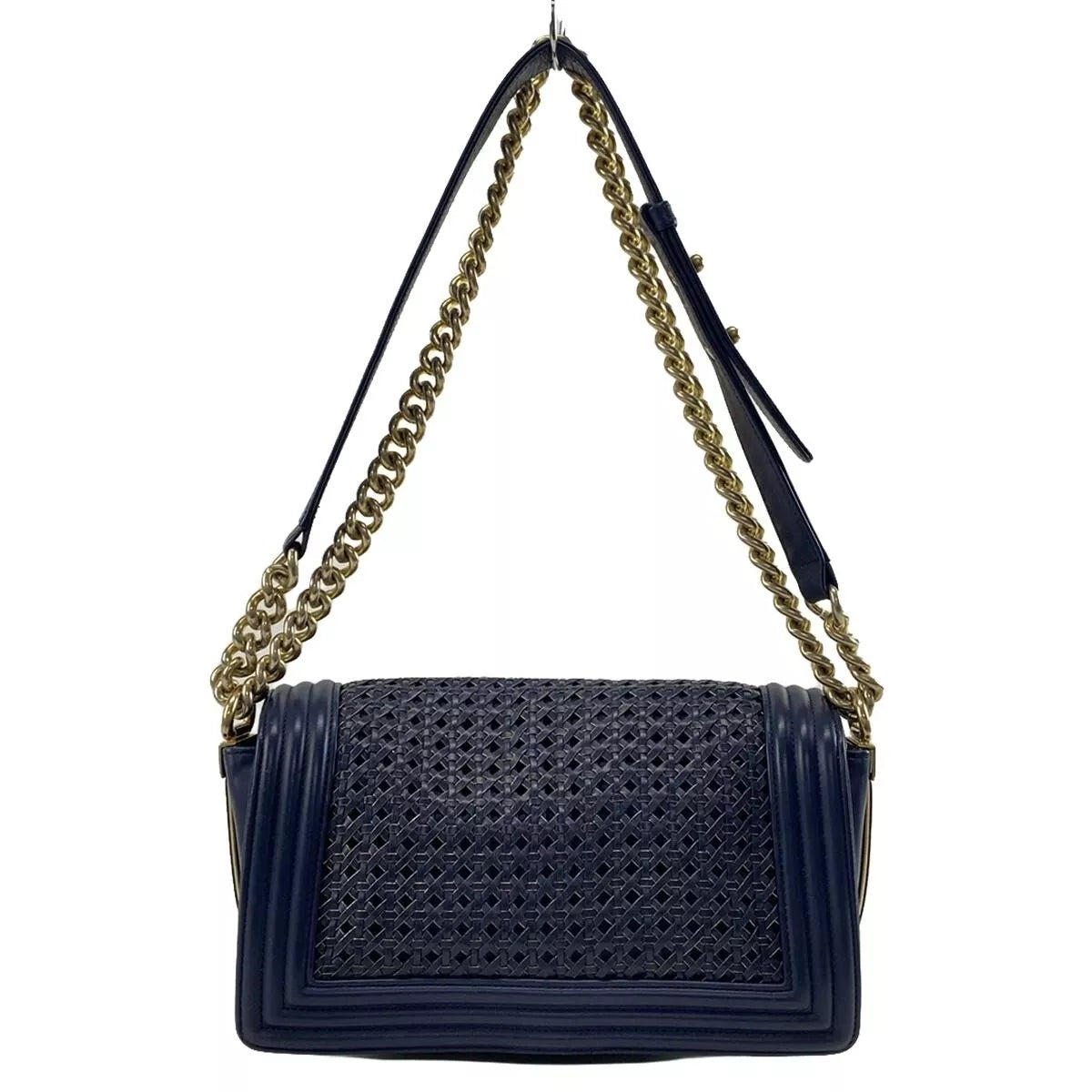 Auth CHANEL Boy Chanel Navy Gold Lambskin Shoulder Bag Gold hardware