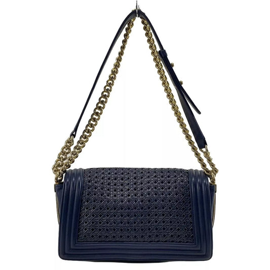 Auth CHANEL Boy Chanel Navy Gold Lambskin Shoulder Bag Gold hardware