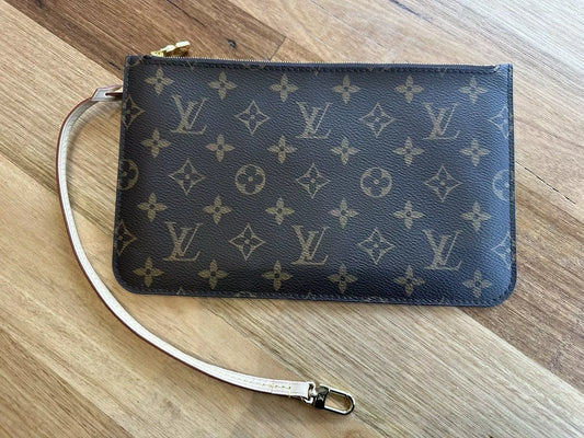 Authentic Louis Vuitton Monogram Canvas Neverfull Pouch MM & Strap Black Lining