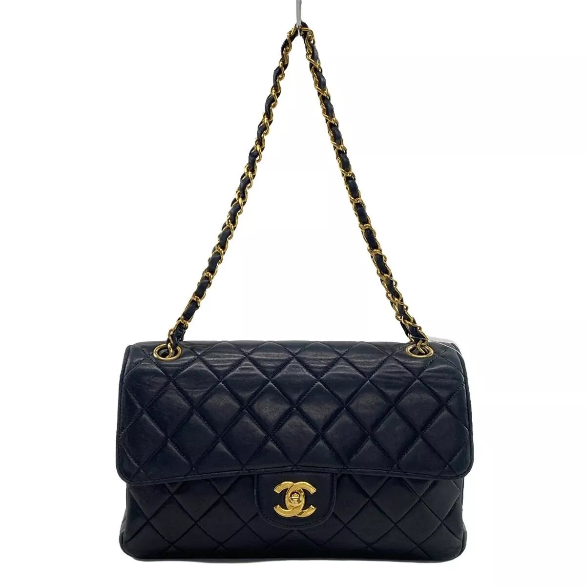 Auth CHANEL Double Face / Matelasse - Black Lambskin Shoulder Bag Gold hardware