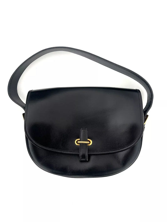 Hermes Vintage Black Leather Gold Hardware Shoulder Crossbody Flap Bag