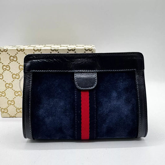 Vintage Gucci Sherry Clutch Bag Leather Suede Navy W/Box Authentic