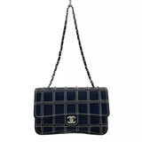 Auth CHANEL Matelasse/Chocolate Bar Dark Navy Leather Shoulder Bag