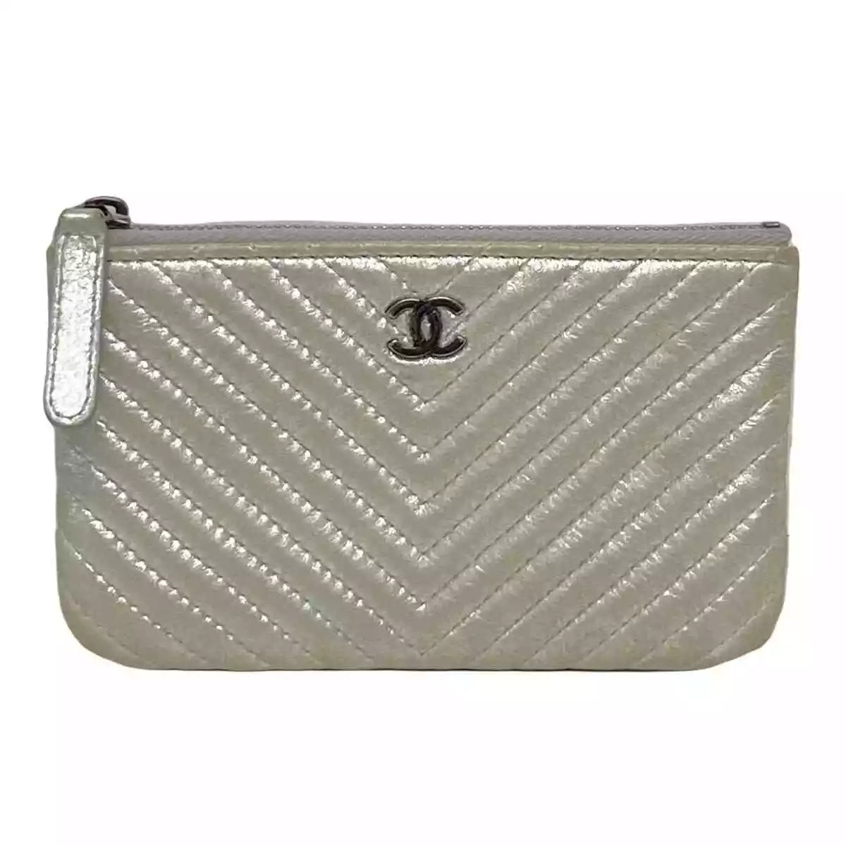 Auth CHANEL Chevron Quilting A82365 Silver Leather Pouch