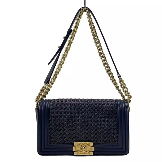 Auth CHANEL Boy Chanel Navy Gold Lambskin Shoulder Bag Gold hardware