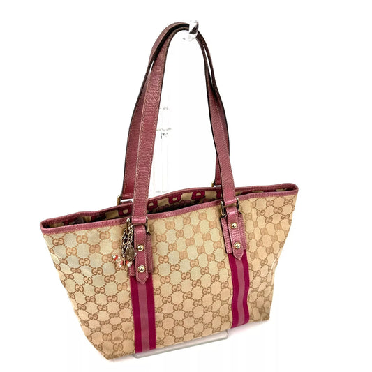 GUCCI Pink Sherry Line Tote Bag GG Canvas Leather Handbag Shoulder Authentic