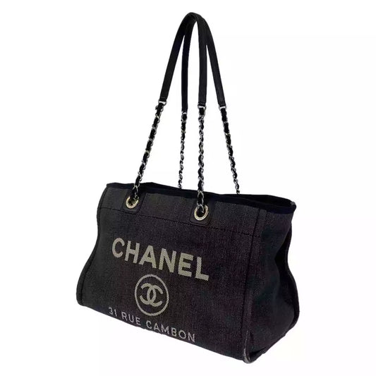 CHANEL Deauville MM Coco Mark Chain Shoulder Bag Navy Denim