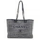 Auth CHANEL Deauville Line MM A67001 Dark Gray Black White Raffia Grossgrain