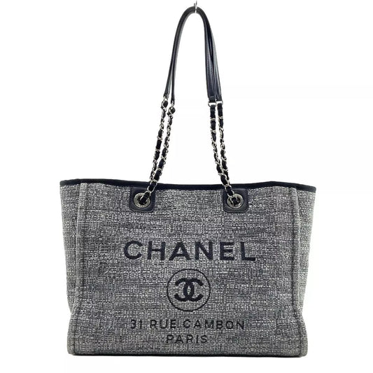 Auth CHANEL Deauville Line MM A67001 Dark Gray Black White Raffia Grossgrain