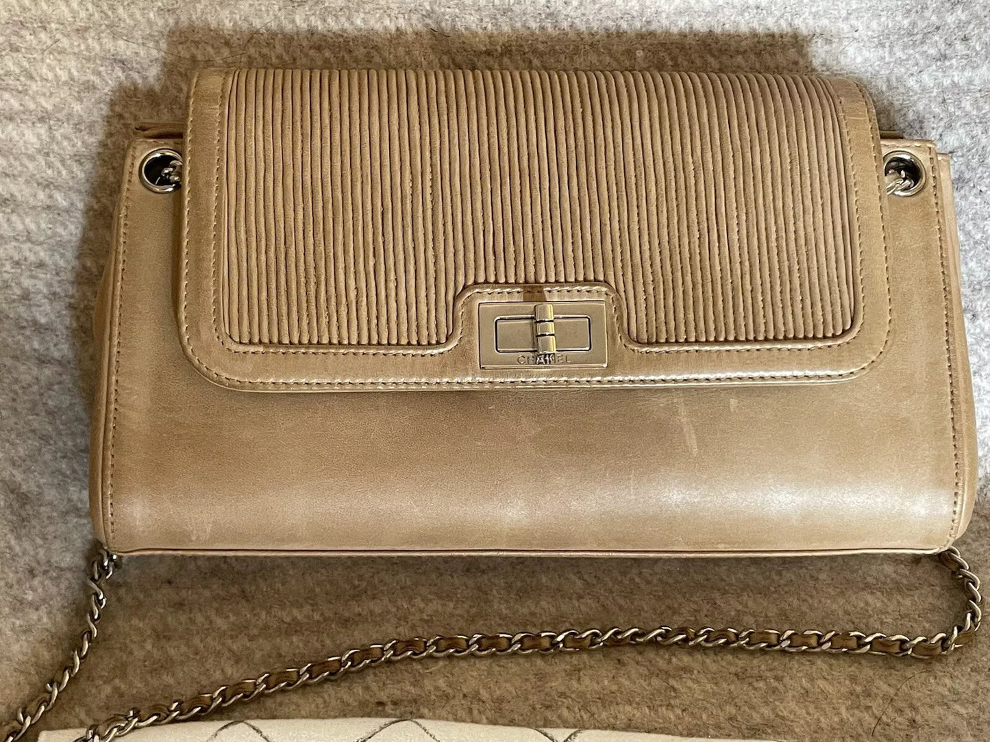 Reduced! Chanel Vintage Beige / Tan / Nude Lambskin Leather Shoulder Bag.