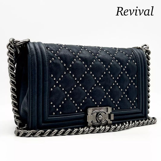 Boy Chanel Matelasse Leather Chain Shoulder Bag Navy